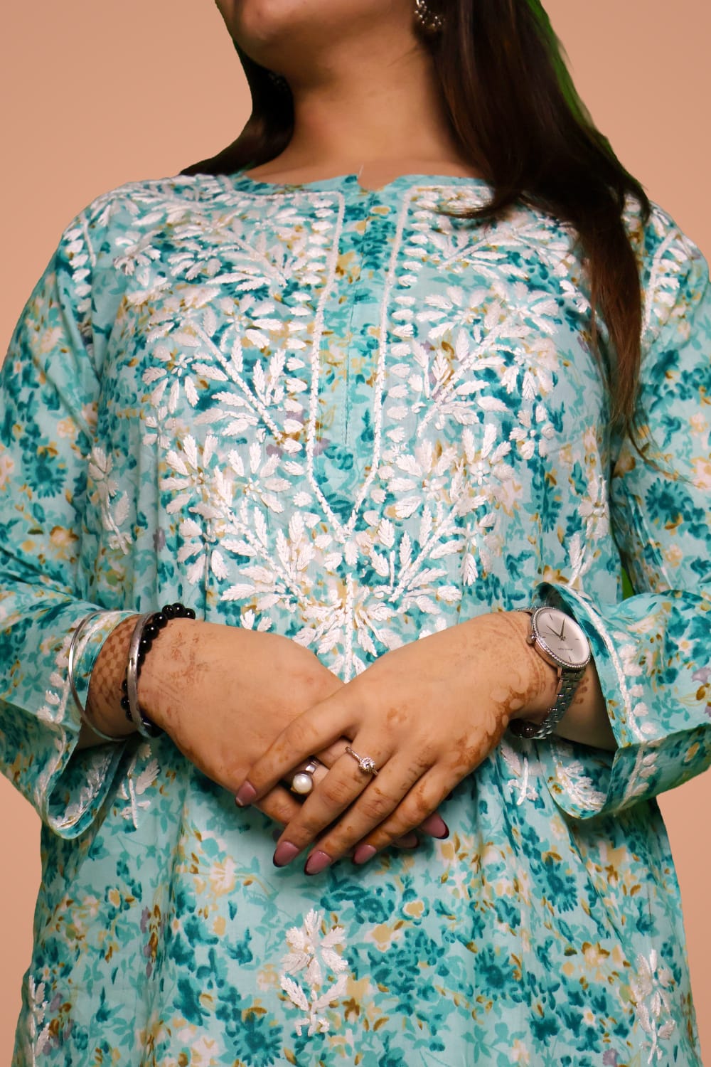 Rania Pure Mulmul Chikankari Handwork Kurti - Sea green Colour