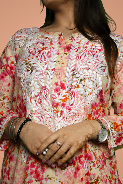 Maira Mulmul Cotton Chikankari Kurti Set - Red Colour