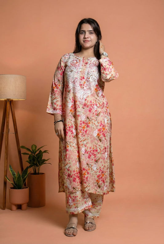 Maira Mulmul Cotton Chikankari Kurti Set - Red Colour