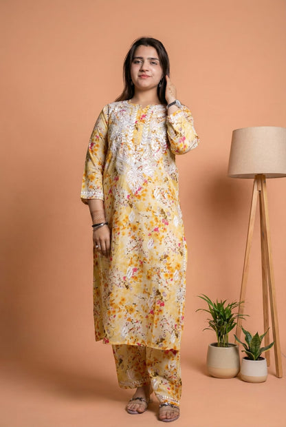 Maira Mulmul Cotton Chikankari Kurti Set - Yellow Colour