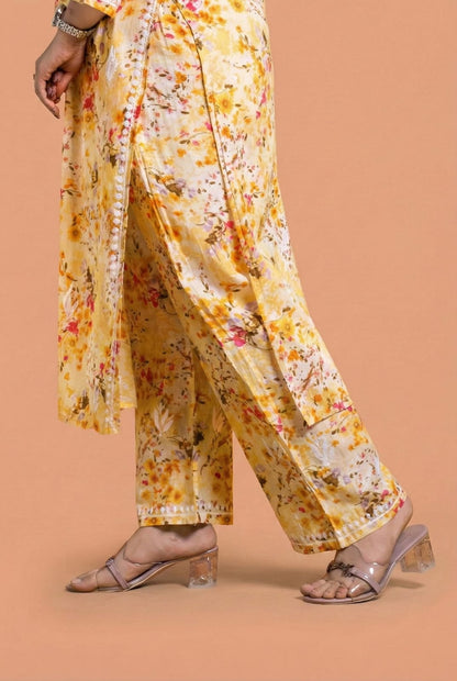 Maira Mulmul Cotton Chikankari Kurti Set - Yellow Colour