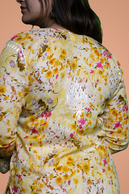 Maira Mulmul Cotton Chikankari Kurti Set - Yellow Colour