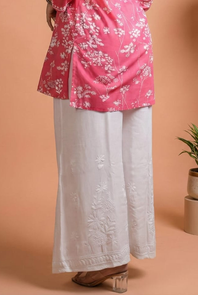 Maheen Soft Rayon Chikankari Plazo - White Color