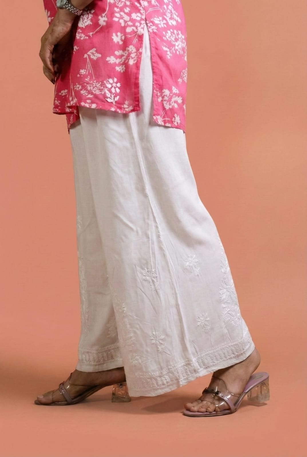 Maheen Soft Rayon Chikankari Plazo - White Color