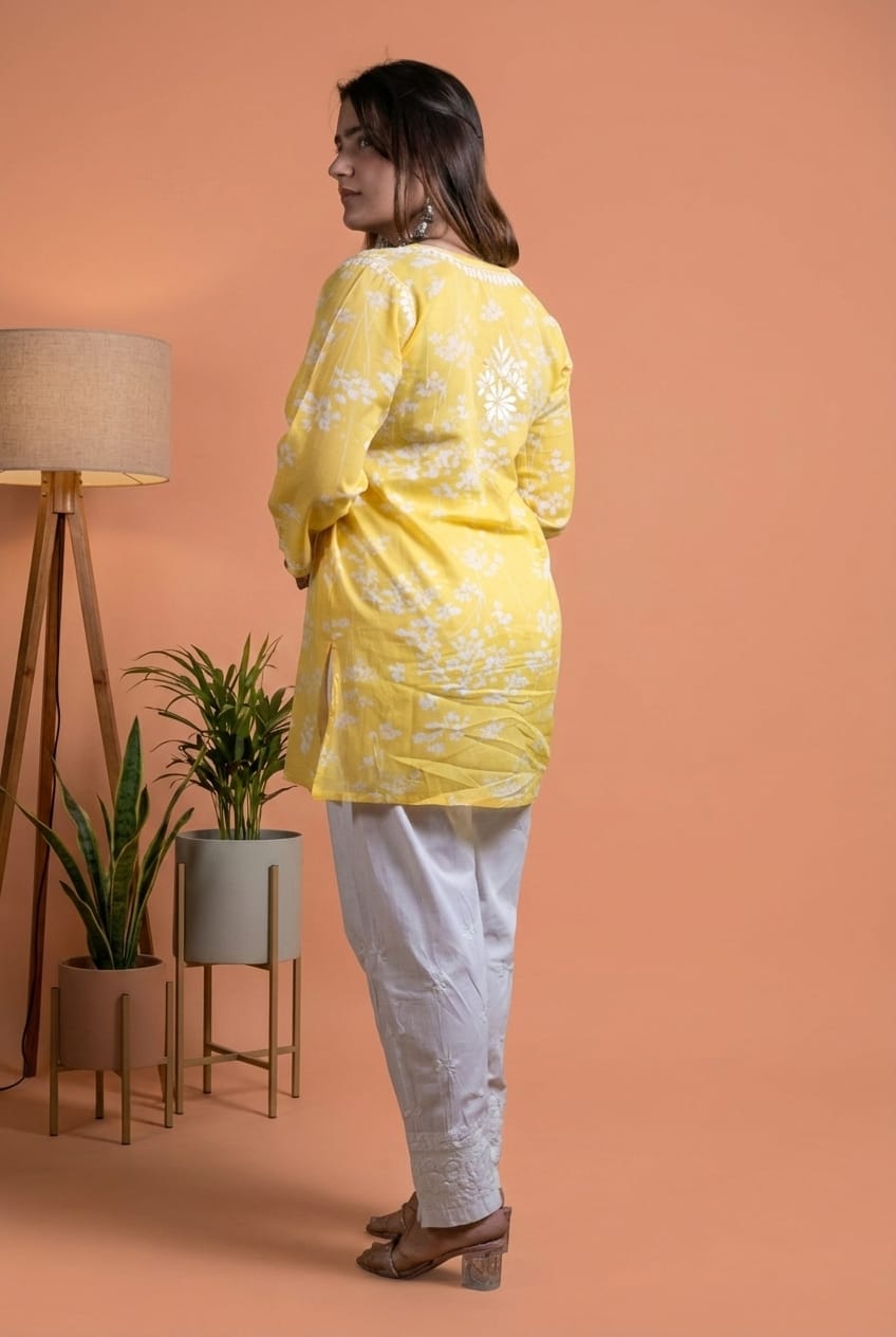 Malika Pure Mulmul Cotton Short Kurti - Yellow Colour
