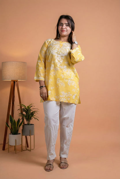 Malika Pure Mulmul Cotton Short Kurti - Yellow Colour