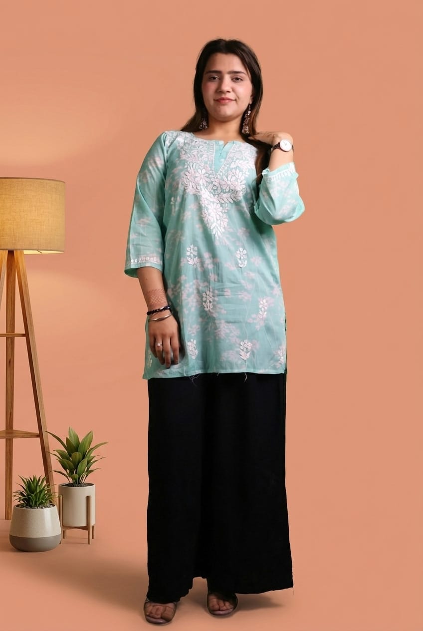 Malika Pure Mulmul Cotton Short Kurti - Sea green Colour