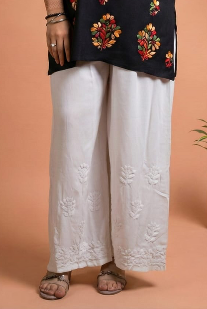 Aliza Soft Rayon Chikankari Plazo - White Color