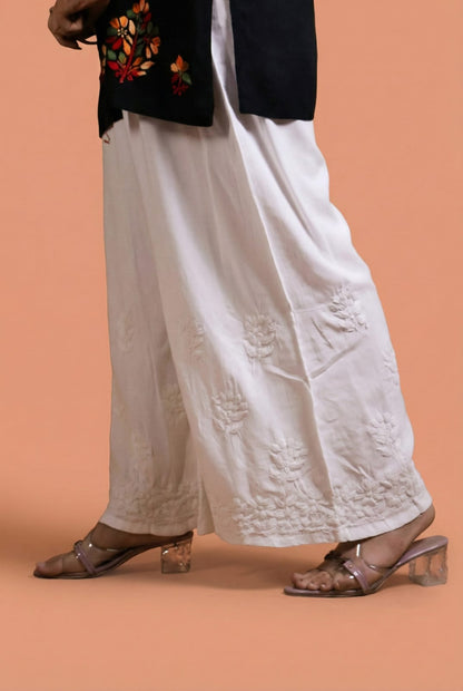 Aliza Soft Rayon Chikankari Plazo - White Color