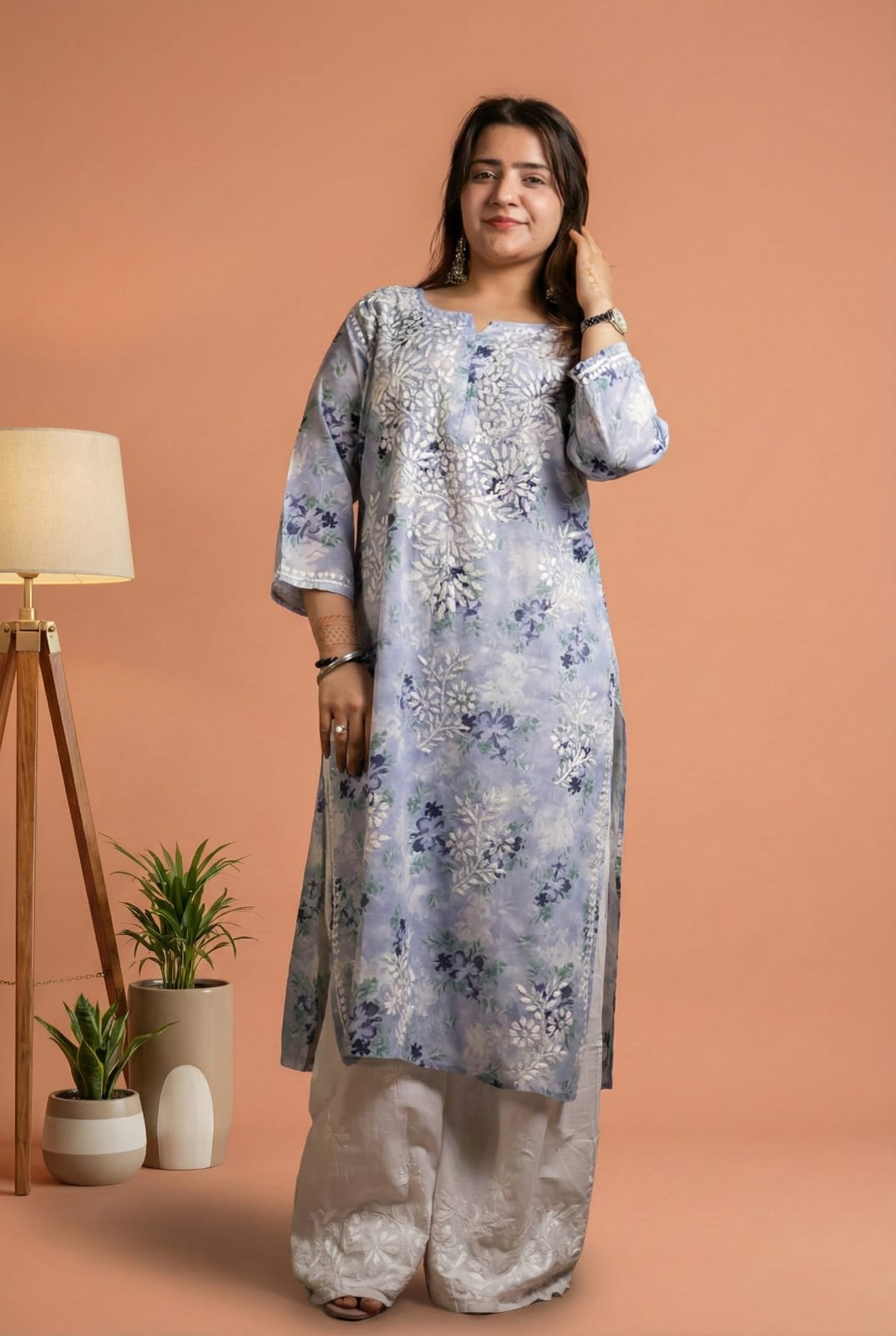 Fawziya Pure Mulmul Chikankari  Handwork Kurti - Blue Colour
