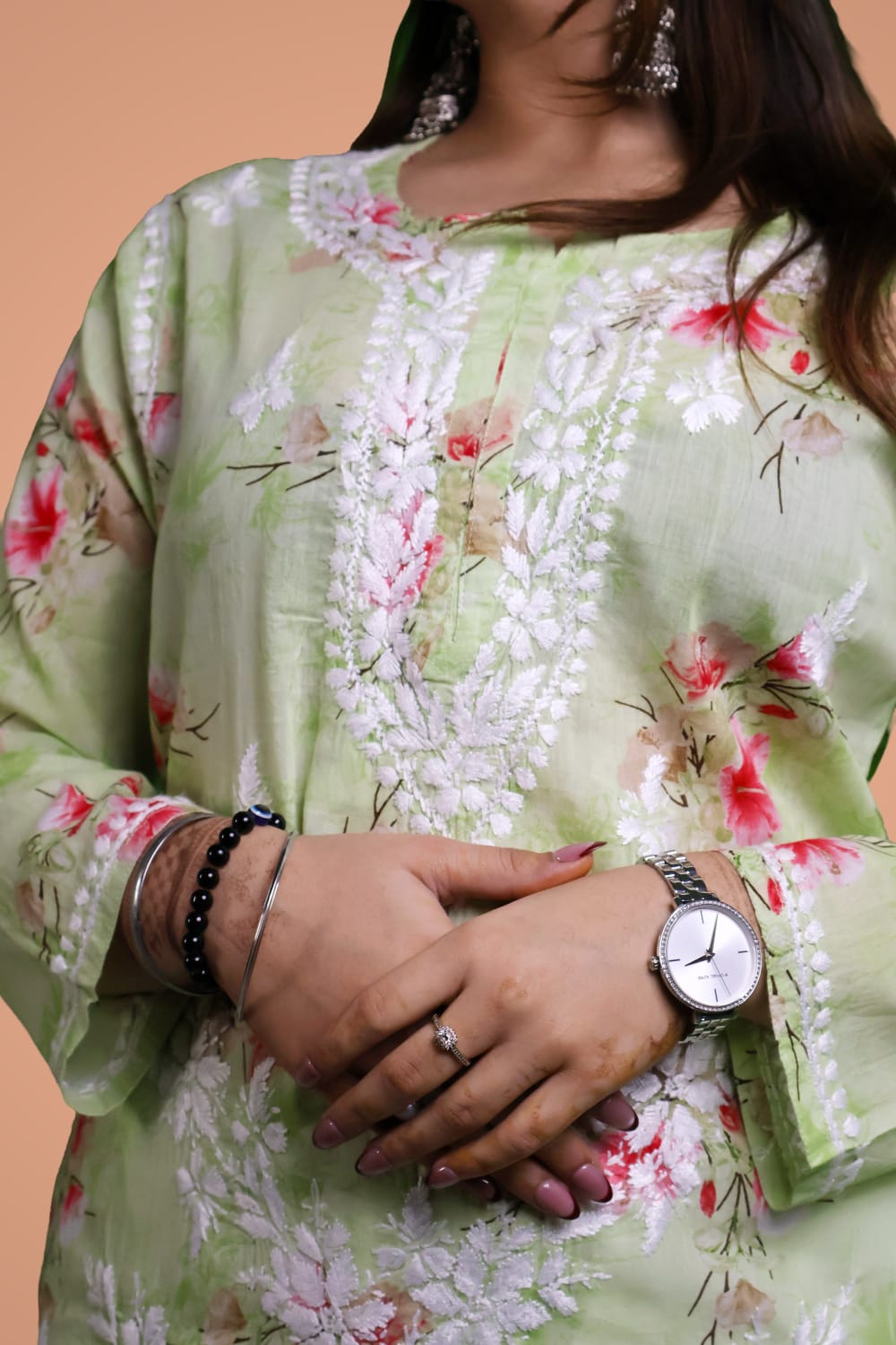 Rasha Pure Mulmul Chikankari Kurti - Pista Colour