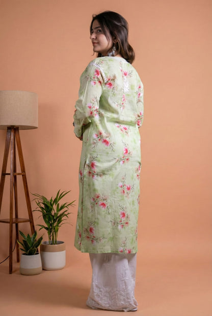 Rasha Pure Mulmul Chikankari Kurti - Pista Colour