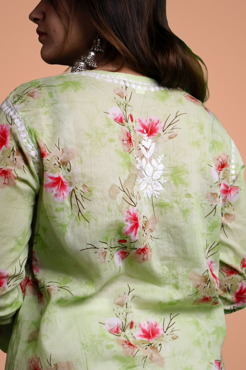 Rasha Pure Mulmul Chikankari Kurti - Pista Colour