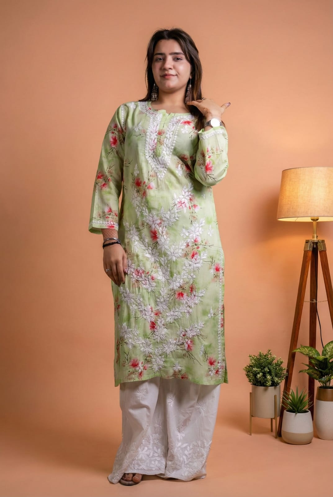 Rasha Pure Mulmul Chikankari Kurti - Pista Colour