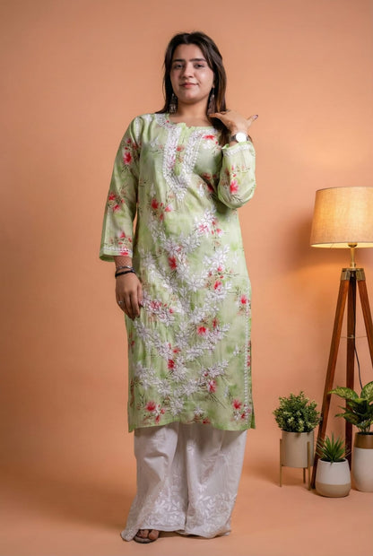 Rasha Pure Mulmul Chikankari Kurti - Pista Colour