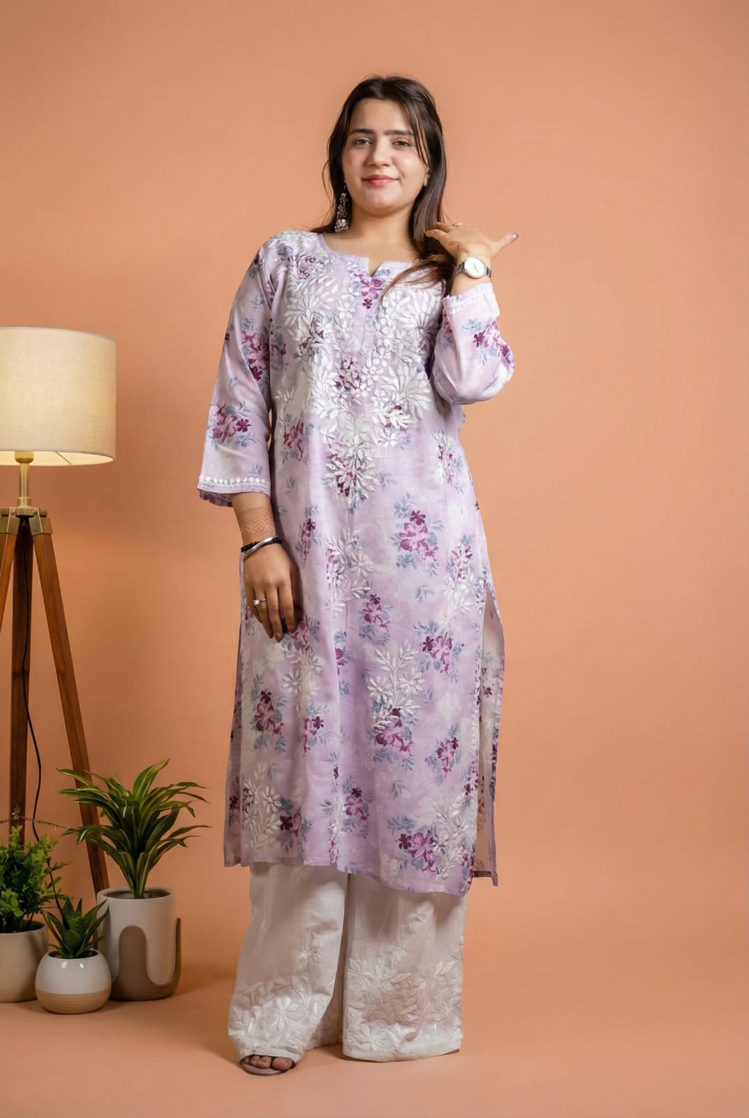 Fawziya Pure Mulmul Chikankari  Handwork Kurti -Purple Colour
