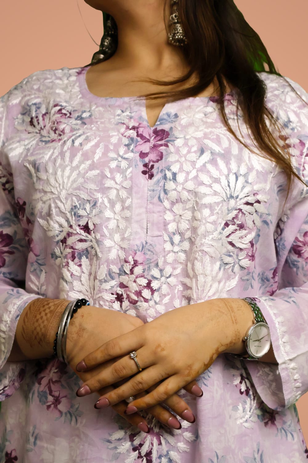 Fawziya Pure Mulmul Chikankari  Handwork Kurti -Purple Colour