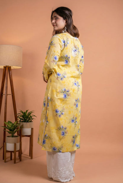 Rasha Pure Mulmul Chikankari Kurti - Yellow Colour