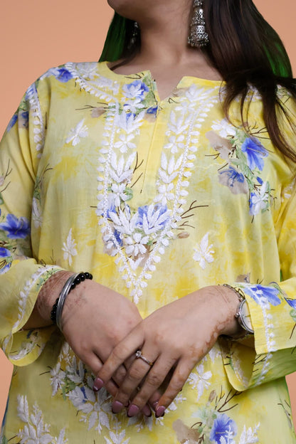 Rasha Pure Mulmul Chikankari Kurti - Yellow Colour