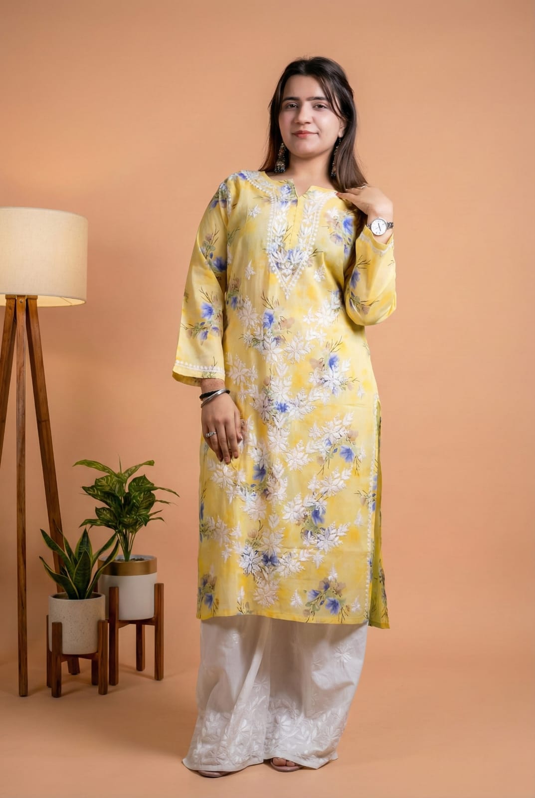 Rasha Pure Mulmul Chikankari Kurti - Yellow Colour