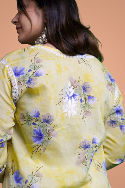 Rasha Pure Mulmul Chikankari Kurti - Yellow Colour