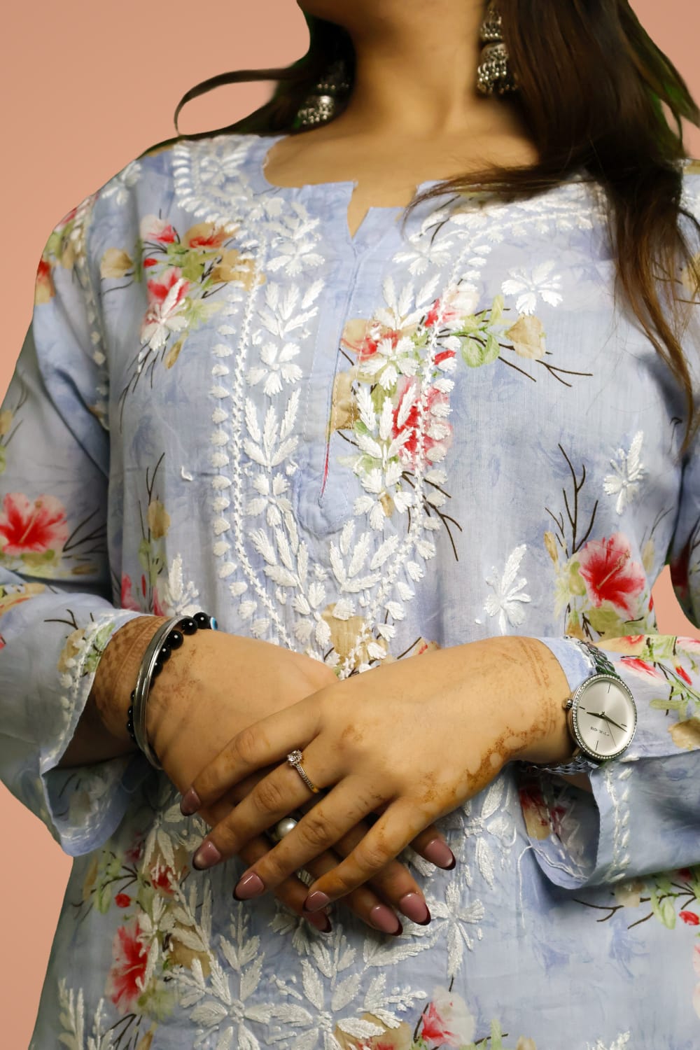 Rasha Pure Mulmul Chikankari Kurti - Blue Color