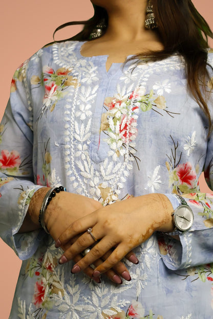 Rasha Pure Mulmul Chikankari Kurti - Blue Color