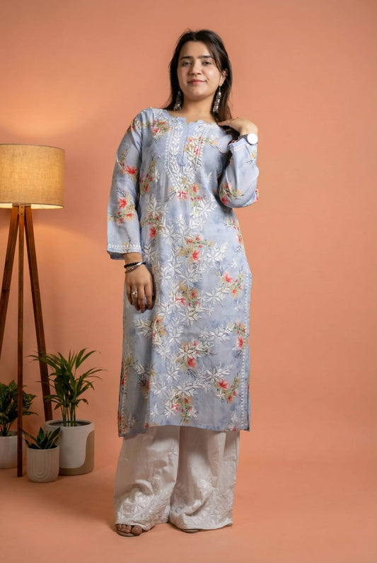 Rasha Pure Mulmul Chikankari Kurti - Blue Color