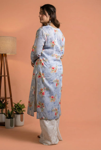 Rasha Pure Mulmul Chikankari Kurti - Blue Color