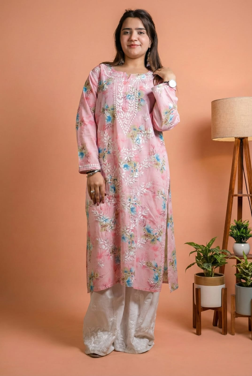 Rasha Pure Mulmul Chikankari Kurti - Pink Color
