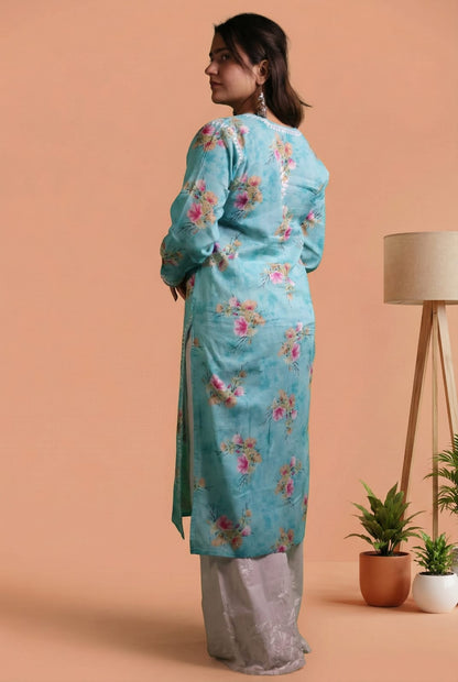 Rasha Pure Mulmul Chikankari Kurti - Sea Green Colour
