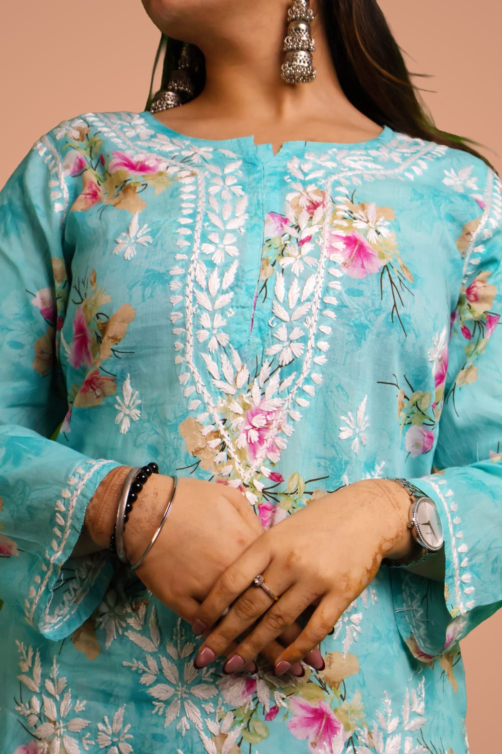 Rasha Pure Mulmul Chikankari Kurti - Sea Green Colour