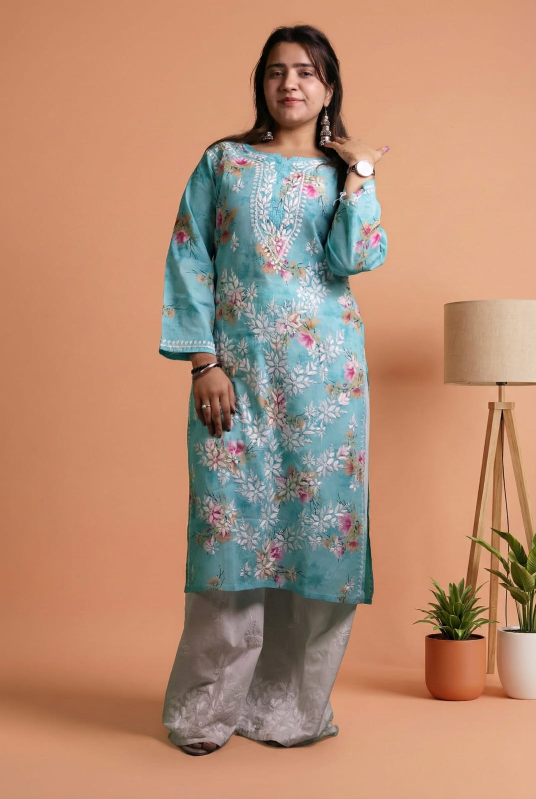 Rasha Pure Mulmul Chikankari Kurti - Sea Green Colour