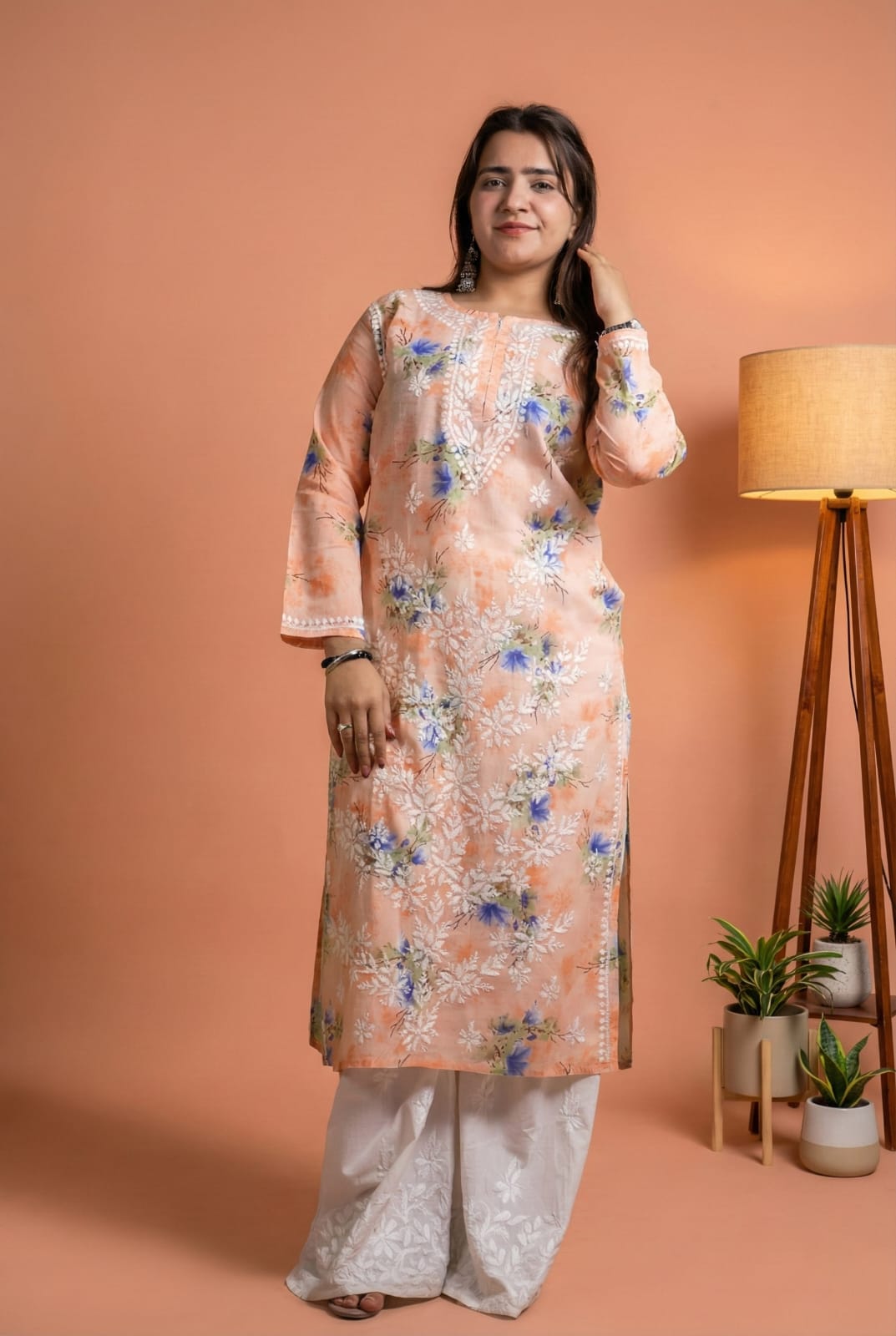 Rasha Pure Mulmul Chikankari Kurti - Peach Color
