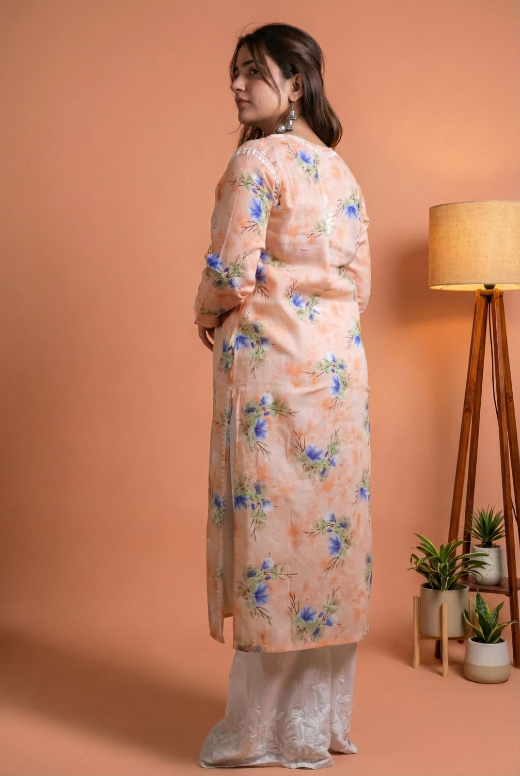 Rasha Pure Mulmul Chikankari Kurti - Peach Color