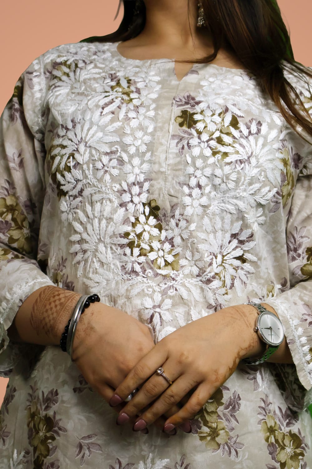 Fawziya Pure Mulmul Chikankari  Handwork Kurti - Brown Colour