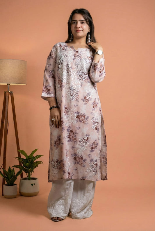 Fawziya Pure Mulmul Chikankari  Handwork Kurti - Cream Skin Colour