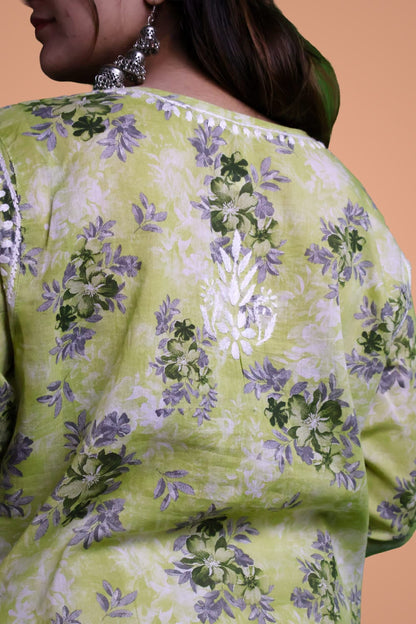 Fawziya Pure Mulmul Chikankari  Handwork Kurti - Pista Green Colour