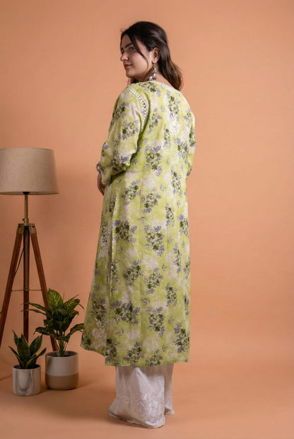 Fawziya Pure Mulmul Chikankari  Handwork Kurti - Pista Green Colour