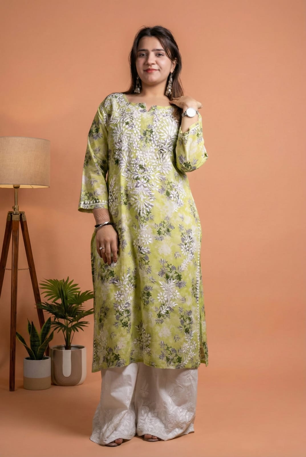Fawziya Pure Mulmul Chikankari  Handwork Kurti - Pista Green Colour