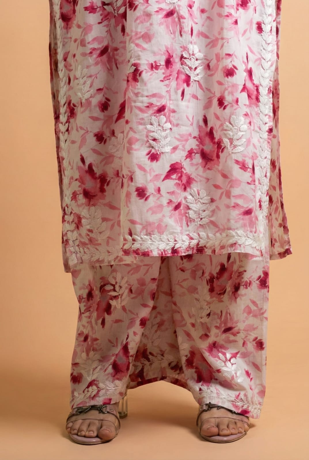 Aaliyah Mulmul Cotton Chikankari Kurti Set - Pink Colour