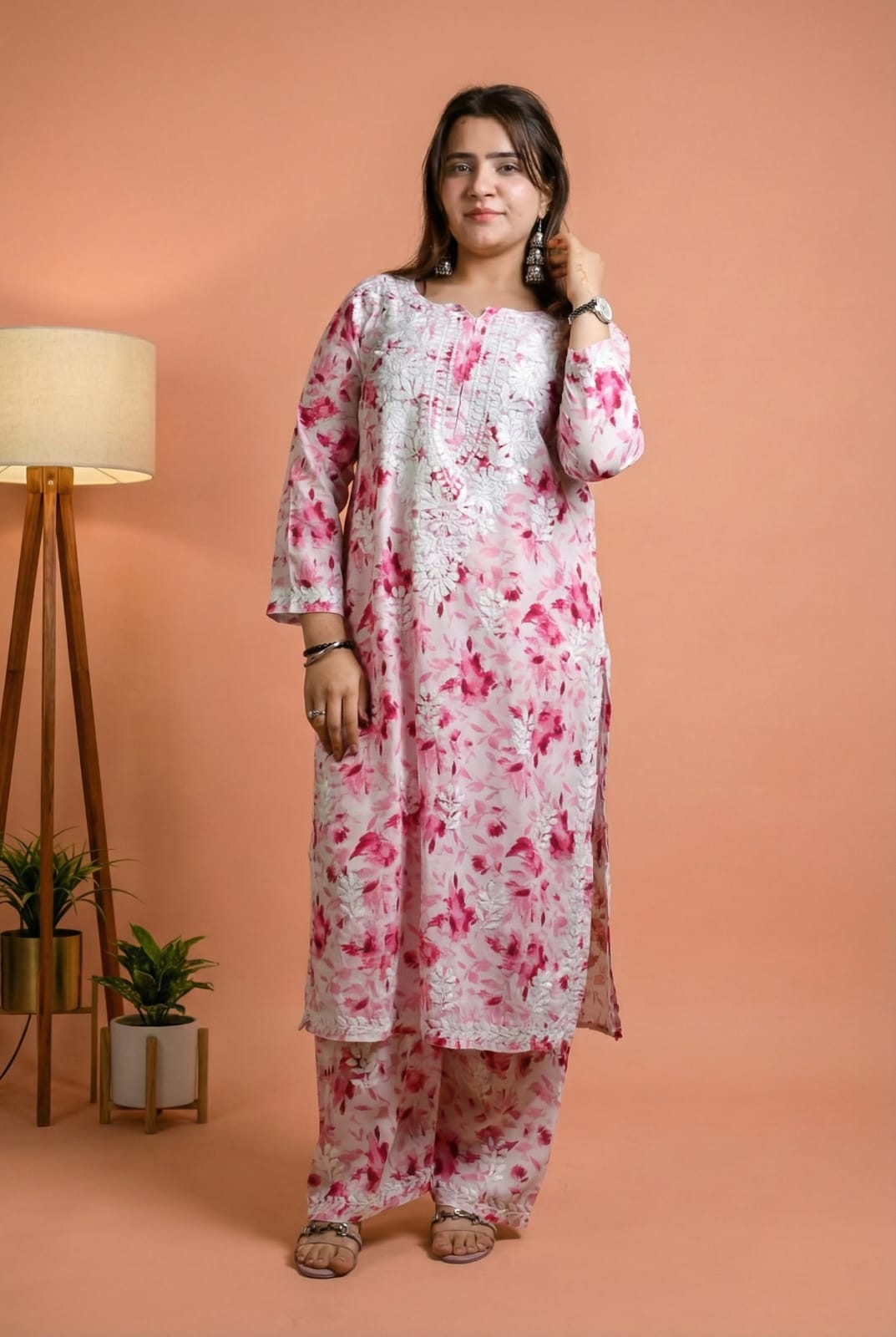 Aaliyah Mulmul Cotton Chikankari Kurti Set - Pink Colour