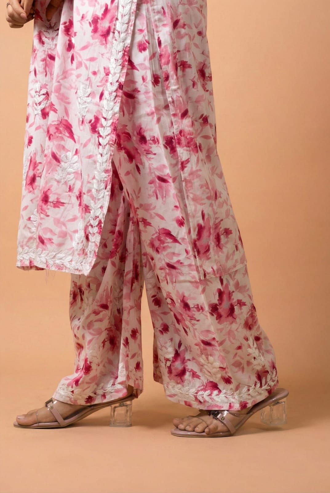 Aaliyah Mulmul Cotton Chikankari Kurti Set - Pink Colour