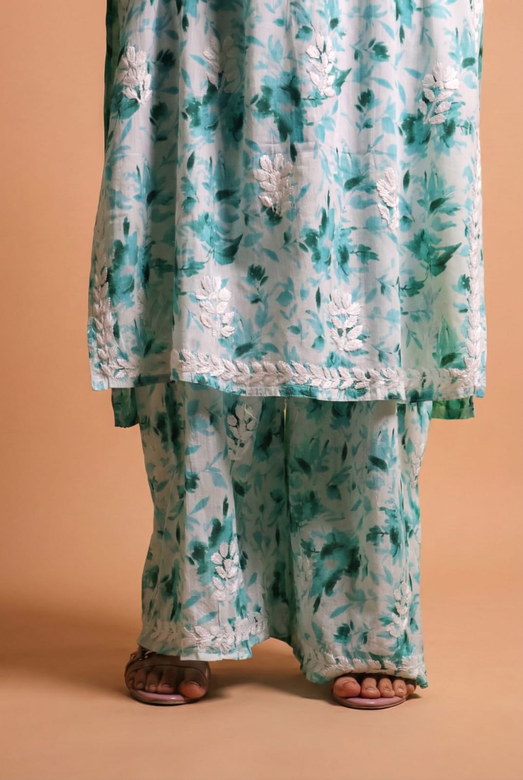 Aaliyah Mulmul Cotton Chikankari Kurti Set -Sea Green Colour