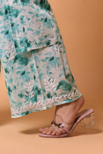 Aaliyah Mulmul Cotton Chikankari Kurti Set -Sea Green Colour