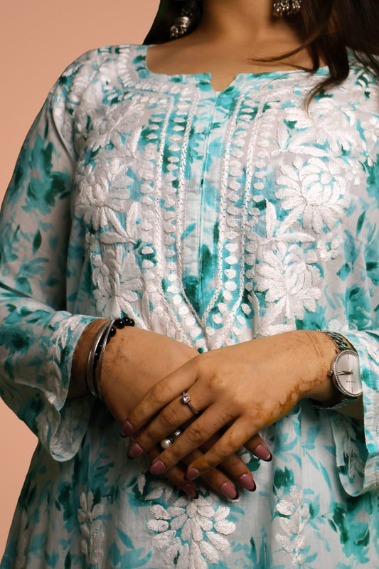 Aaliyah Mulmul Cotton Chikankari Kurti Set -Sea Green Colour