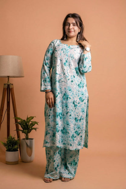 Aaliyah Mulmul Cotton Chikankari Kurti Set -Sea Green Colour