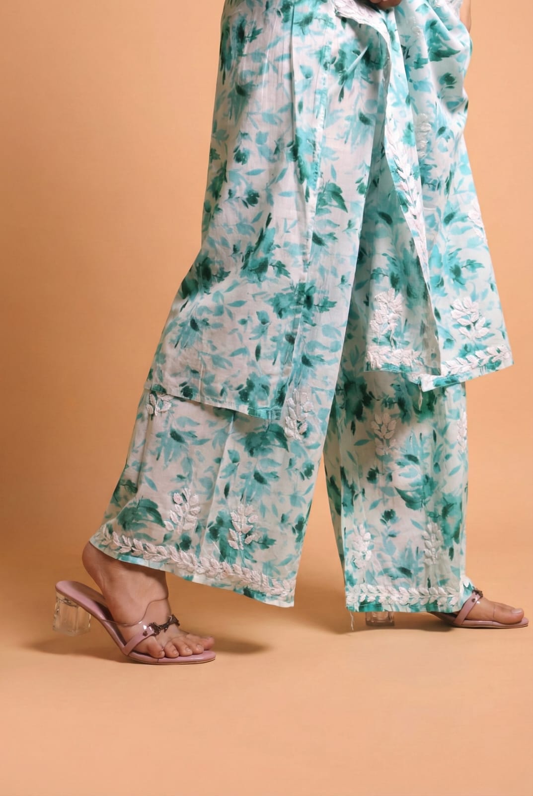 Aaliyah Mulmul Cotton Chikankari Kurti Set -Sea Green Colour