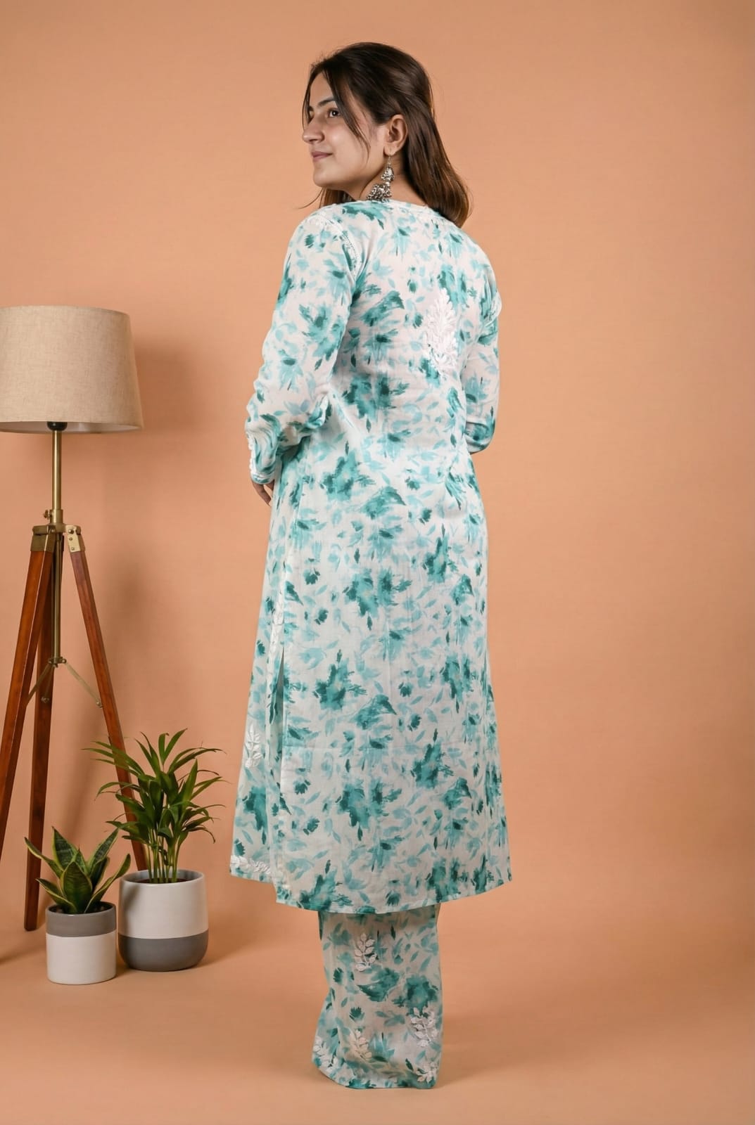 Aaliyah Mulmul Cotton Chikankari Kurti Set -Sea Green Colour