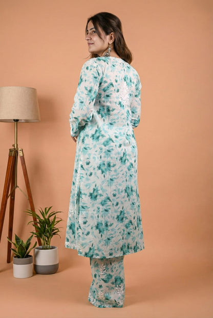 Aaliyah Mulmul Cotton Chikankari Kurti Set -Sea Green Colour